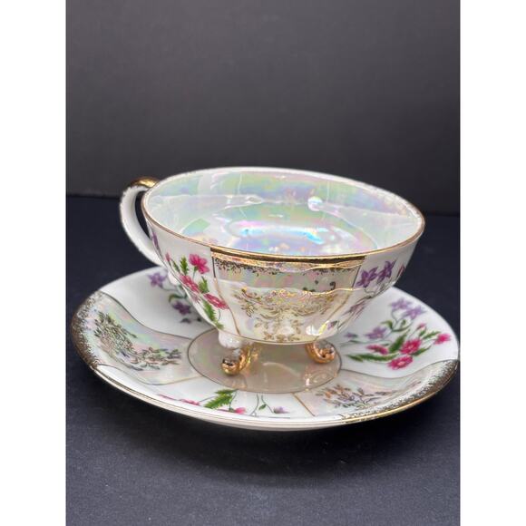 Vtg 3 Footed Teacup Saucer Pearlescent Irridescent Luster ware Floral Gold Trim - Picture 13 of 15
